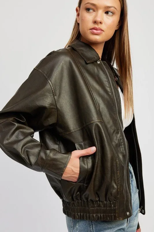 Faux Leather Oversized Bomber Jacket