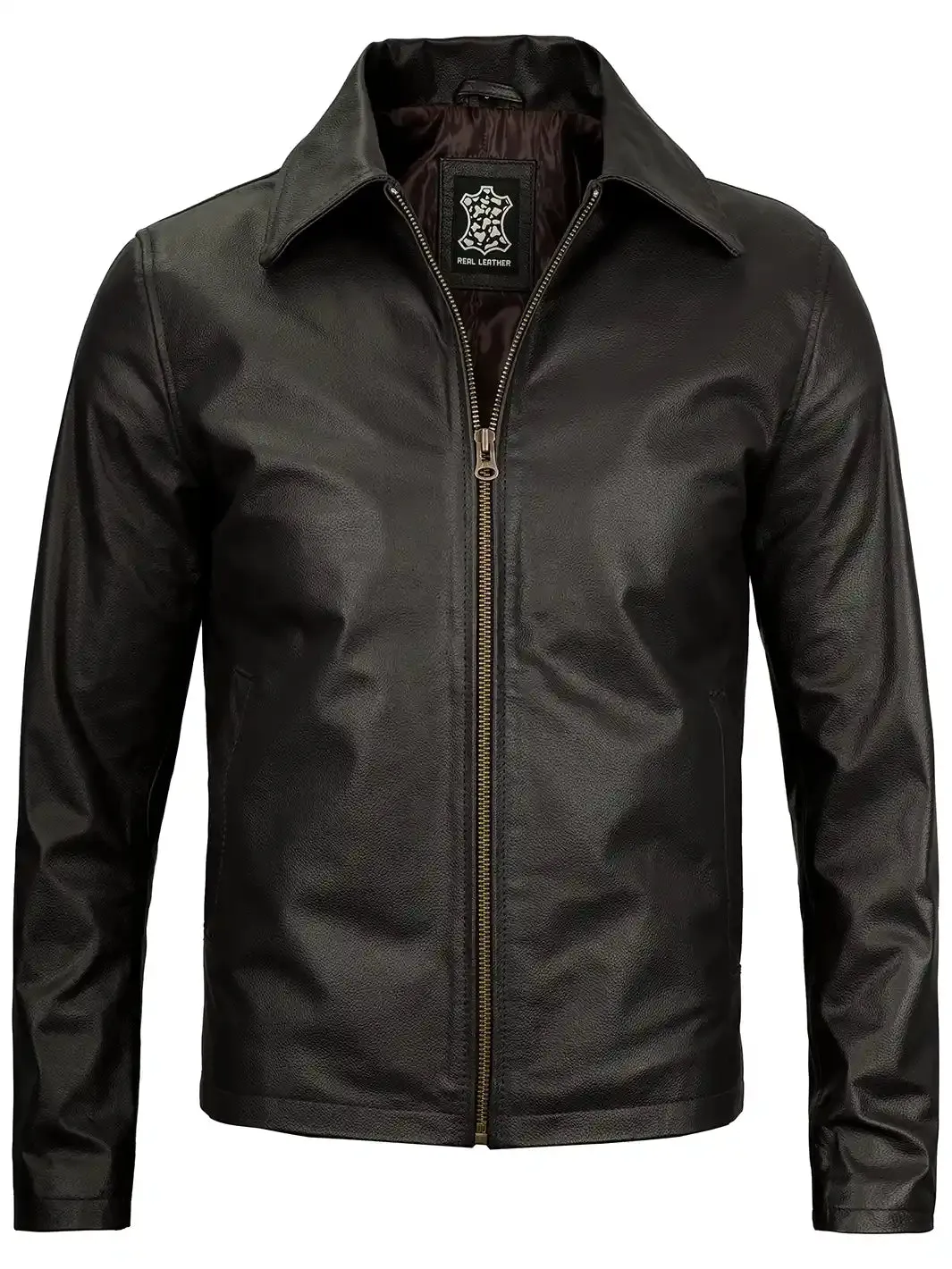 Harrington Mens Black Shirt Collar Cowhide Leather Jacket