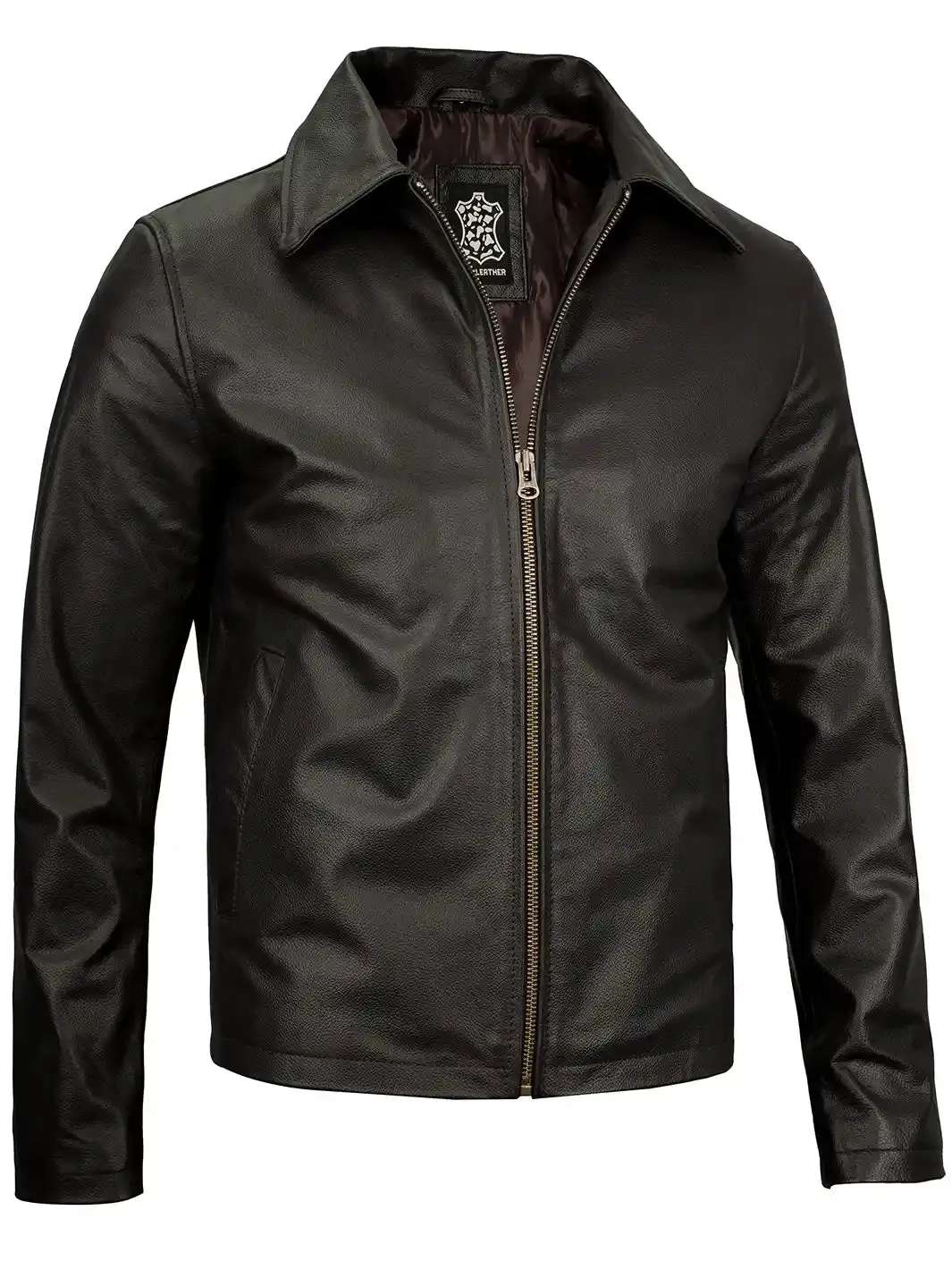 Harrington Mens Black Shirt Collar Cowhide Leather Jacket