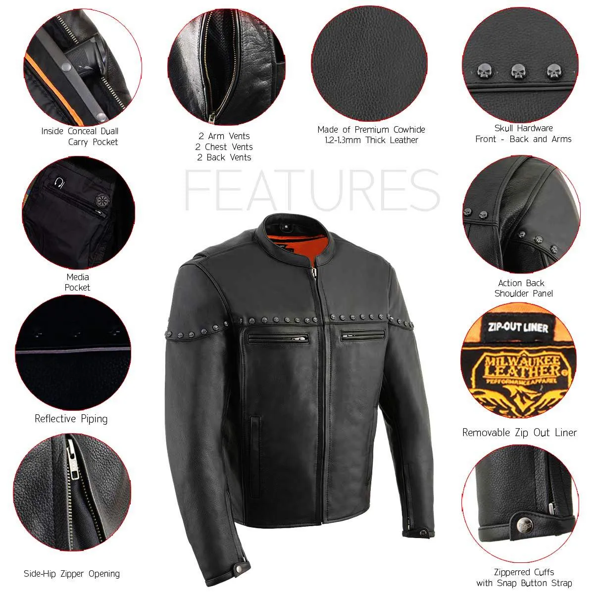 Milwaukee Leather MLM1504 Men's Black The Skelly Racer Premium Moto Leather Jacket