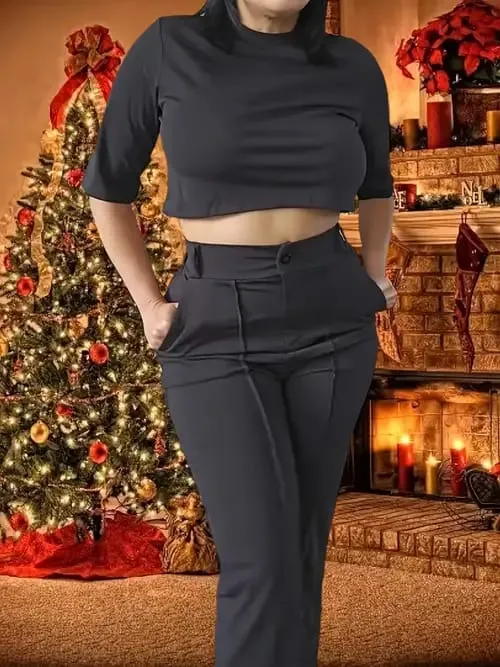 Women's 2 Piece Pant Suit, Wide Leg Trousers, Crop Top, Monochrome, Elegant    B306776
