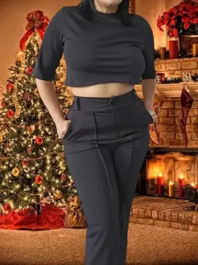 Women's 2 Piece Pant Suit, Wide Leg Trousers, Crop Top, Monochrome, Elegant    B306776